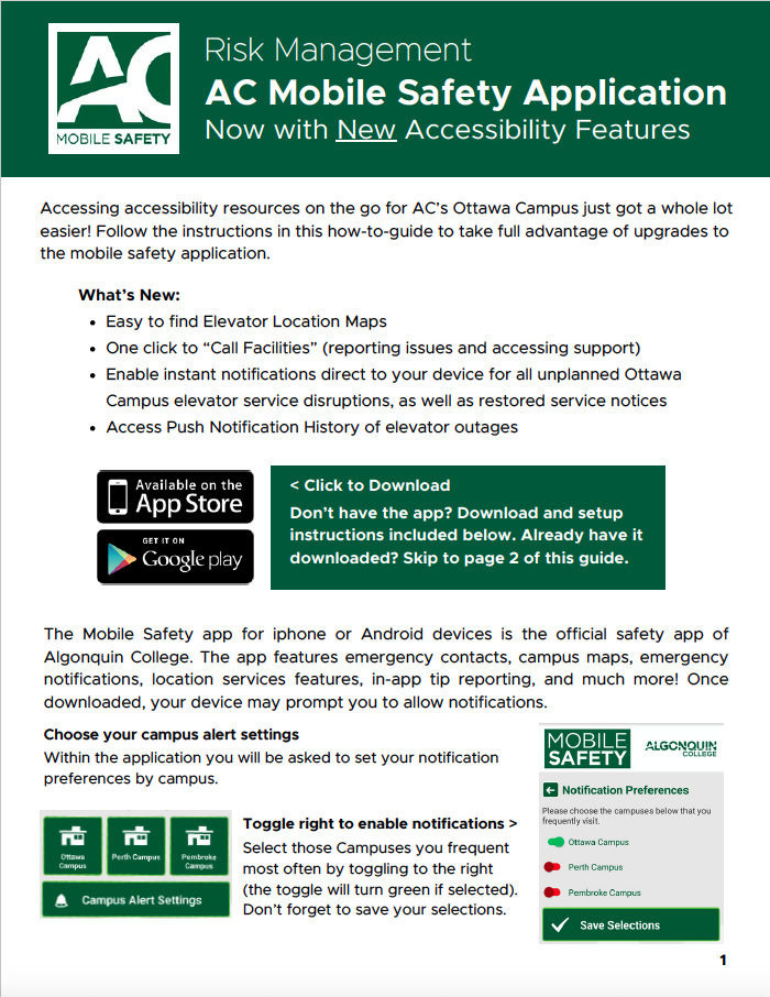 Page 1 of the guide to Download and enable the mobile safety application with accessibility features